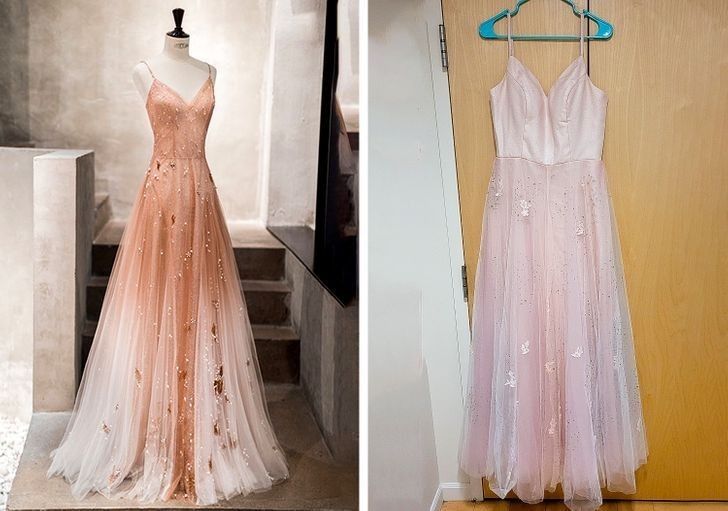 11. "Z lewej suknia, którą zamówiłam. Z prawej to, co otrzymałam z miesięcznym opóźnieniem"