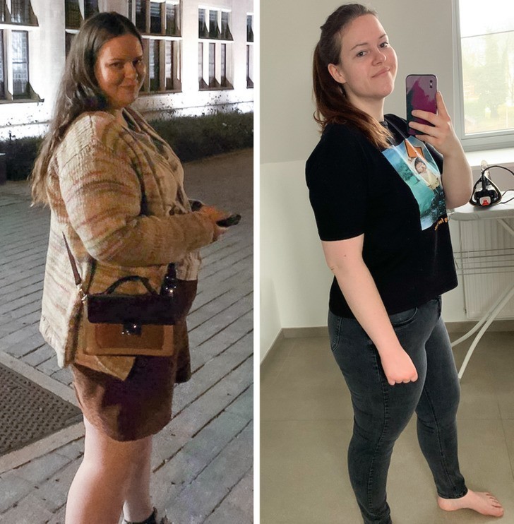 9. "Półtora roku później, 30 kilogramów mniej - poprawiło się moje zdrowie fizyczne i psychiczne, a tutaj widzicie mnie w najgorszym i najlepszym momencie."