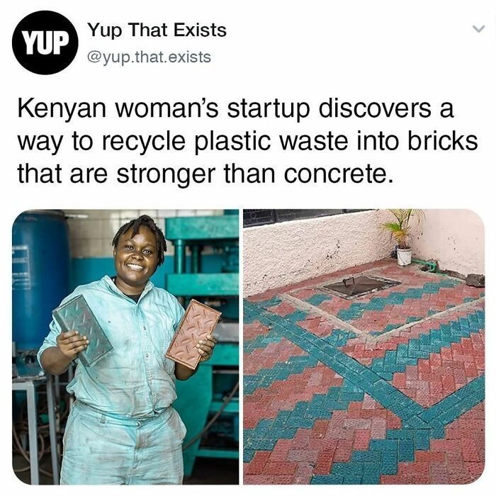 1. Przedsiębiorstwo kenijskiej kobiety odkryło sposób na przetwarzanie plastikowych odpadów w cegły trwalsze niż beton.