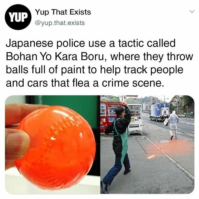 12. Japońska policja wykorzystuje taktykę znaną jako Bohan Yo Kara Boru, polegającą na rzucaniu kulek wypełnionych farbą w celu ułatwienia identyfikacji osób i aut uciekających z miejsca przestępstwa.