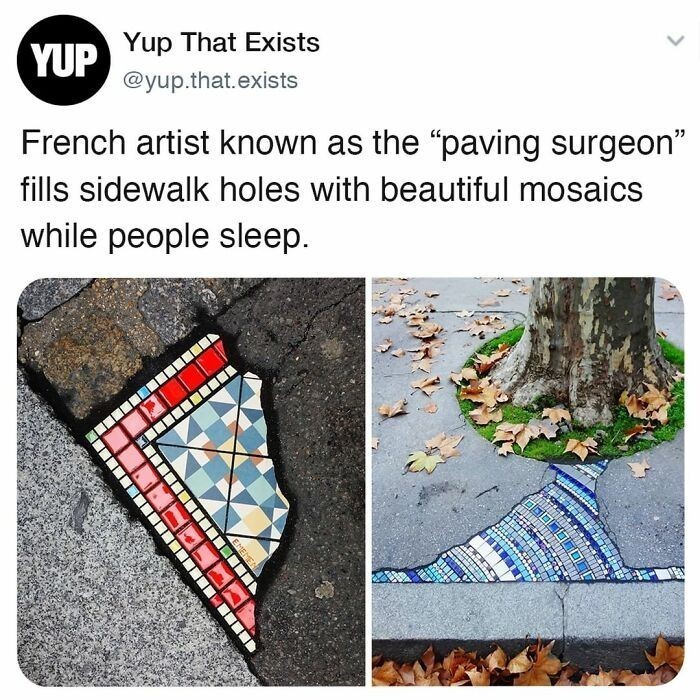 5. Francuski artysta znany jako "brukowy chirurg" wypełnia dziury w chodnikach pięknymi mozaikami pod osłoną nocy.
