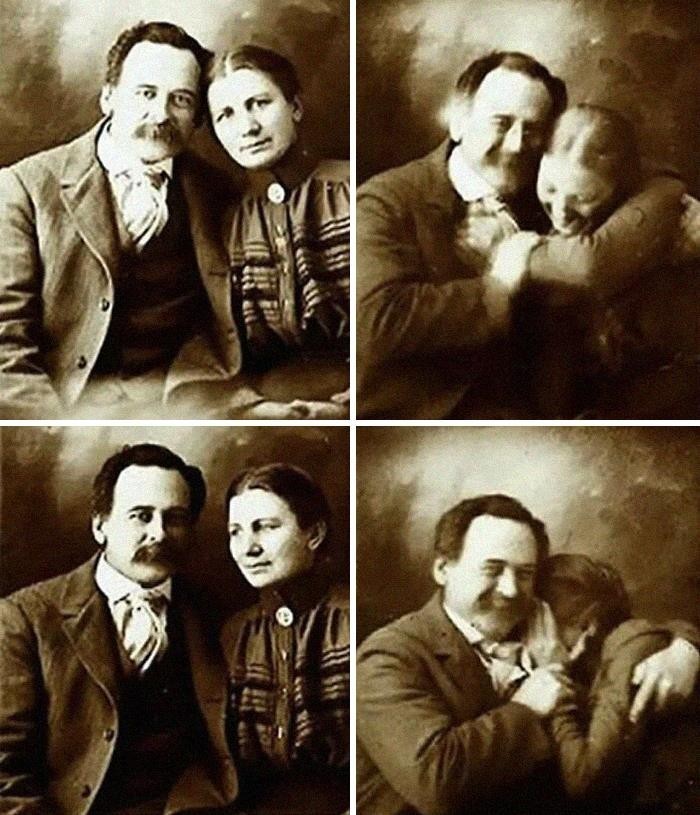 1. Wiktoriańska para próbuje powstrzymać śmiech podczas robienia zdjęcia, 1890