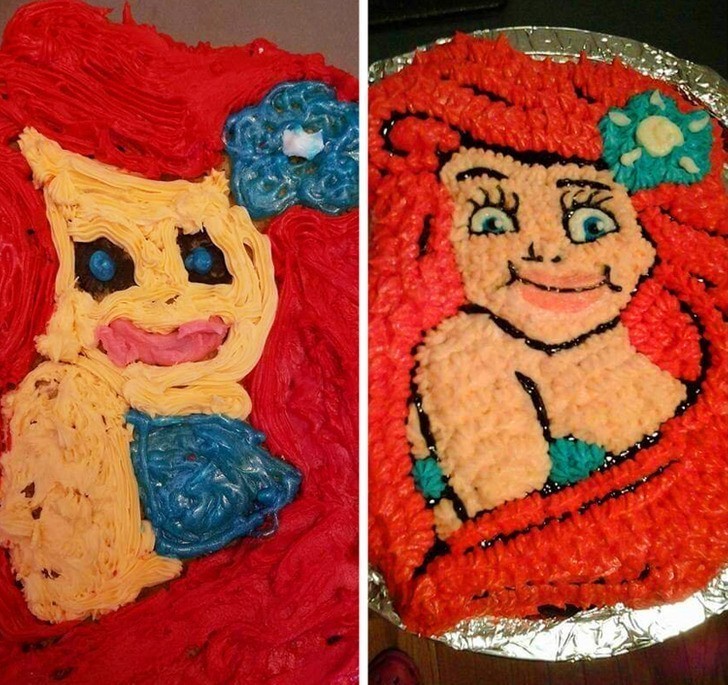 9. "Z okazji trzecich urodzin mojej siostrzenicy zrobiłam dla niej tort w kształcie Ariel, która wygląda jak zombie. Najwyraźniej dekorowanie ciast nie jest mi pisane."