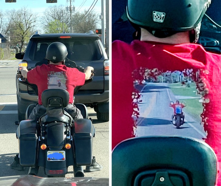 "Facet na motocyklu ma na sobie koszulkę przedstawiającą jego samego na motocyklu."