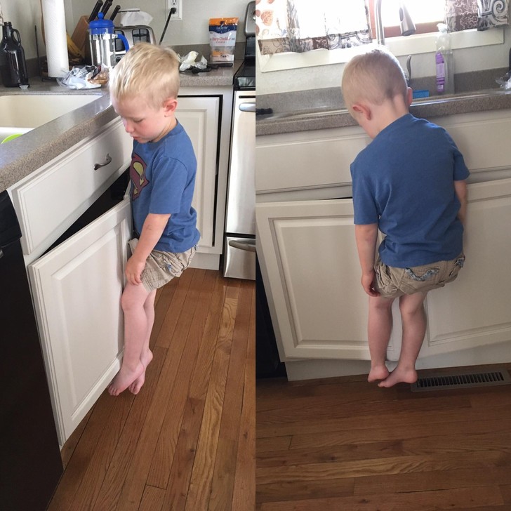 "Mój syn próbujący zejść ze zlewu po umyciu rąk. Po prostu tak wisiał."