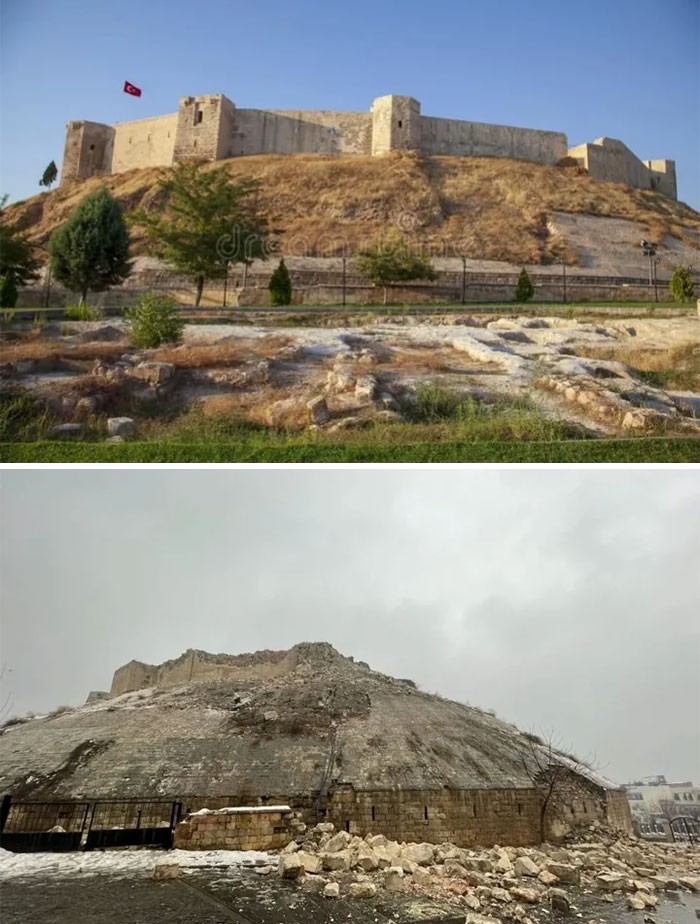 "Zamek Gaziantep w Turcji zawalił się po niedawnym trzęsieniu ziemi."