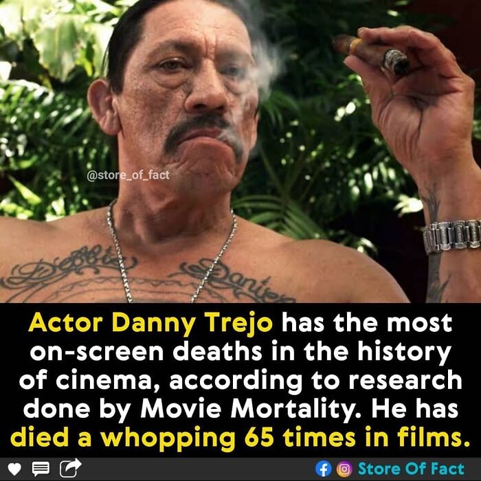 Danny Trejo to aktor, który zginął na ekranie najwięcej razy w historii kinematografii. Jego postacie umierały aż 65 razy."