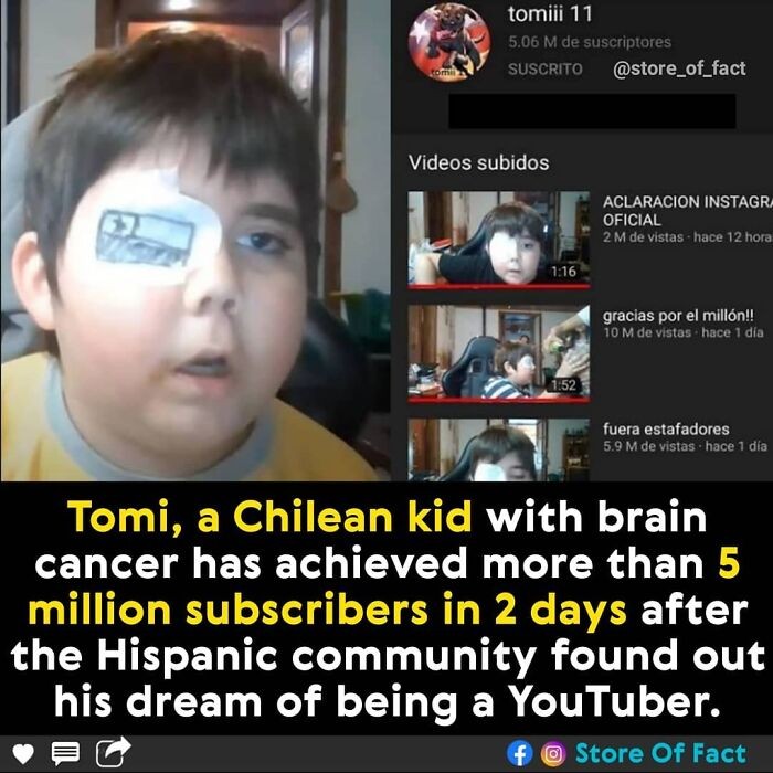 "Tomi, chilijski chłopiec walczący z rakiem mózgu, zyskał ponad 5 milionów subskrybentów w ciągu dwóch dni, po tym jak hiszpańskojęzyczna społeczność dowiedziała się o jego marzeniu o zostaniu youtuberem."