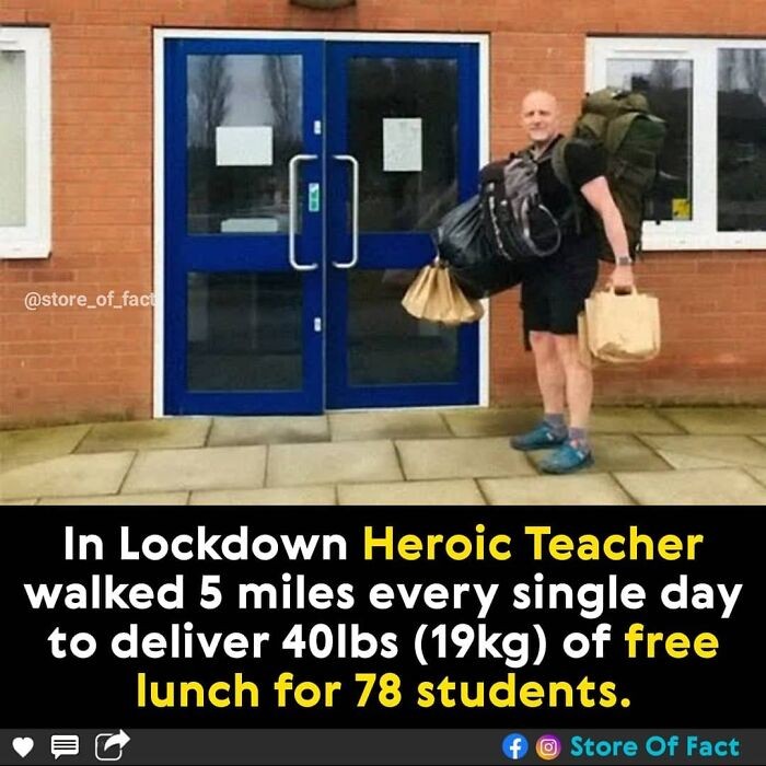 "Podczas lockdownu, bohaterski nauczyciel pokonywał 5 mil każdego dnia, by dostarczać 19 kilogramów darmowych posiłków dla 78 uczniów."