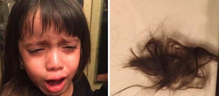 "Płacze, bo nie mogłam przyczepić jej z powrotem włosów po tym, jak obcięła je w domu babci."