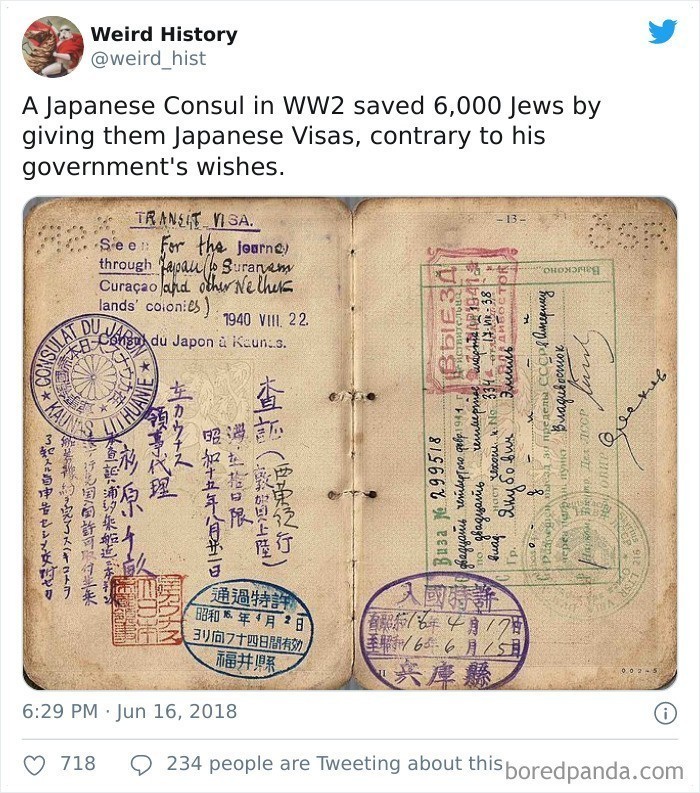 2. "Japoński konsul uratował 6 tysięcy żydów podczas II wojny światowej. Otrzymali od niego wizy, wbrew zaleceniom japońskiego rządu."
