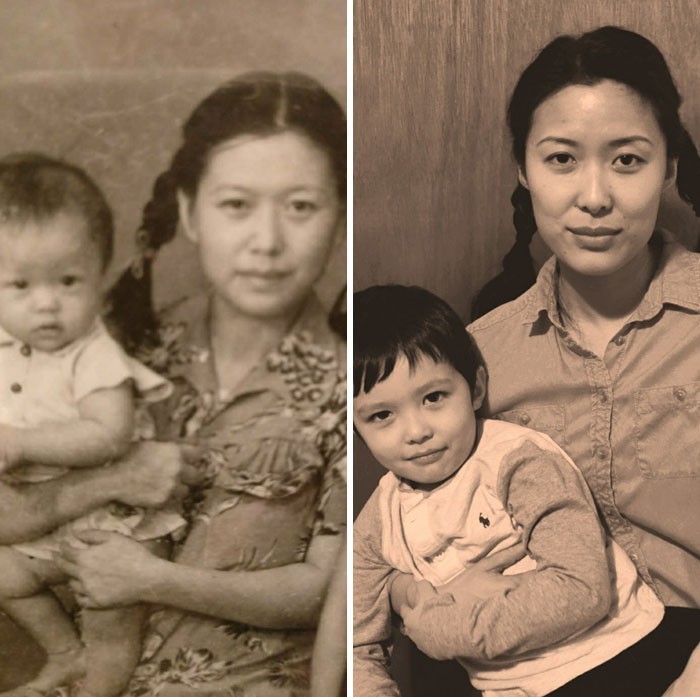 7. "Z lewej, moja babcia trzymająca mojego tatę. Z prawej, ja trzymająca mojego syna. Zdjęcia zrobione dokładnie w odstępie 63 lat."