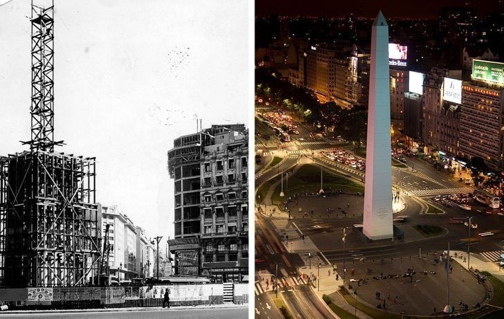 Monument El Obelisco w Buenos Aires podczas konstrukcji w 1936 roku i dziś