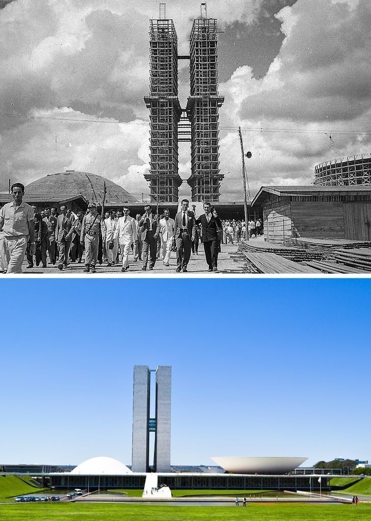 Siedziba brazylijskiego rządu w trakcie konstrukcji w 1959 roku i dziś