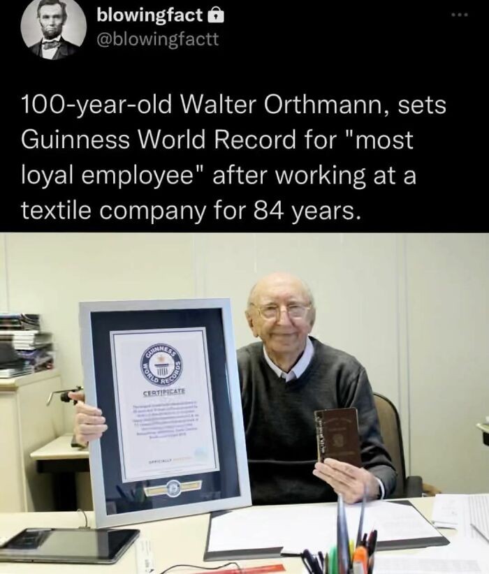 "100-letni Walter Orthmann trafił do księgi rekordów Guinnessa w kategorii 'najbardziej lojalny pracownik' po tym, jak spędził 84 lata pracując w firmie tekstylnej "