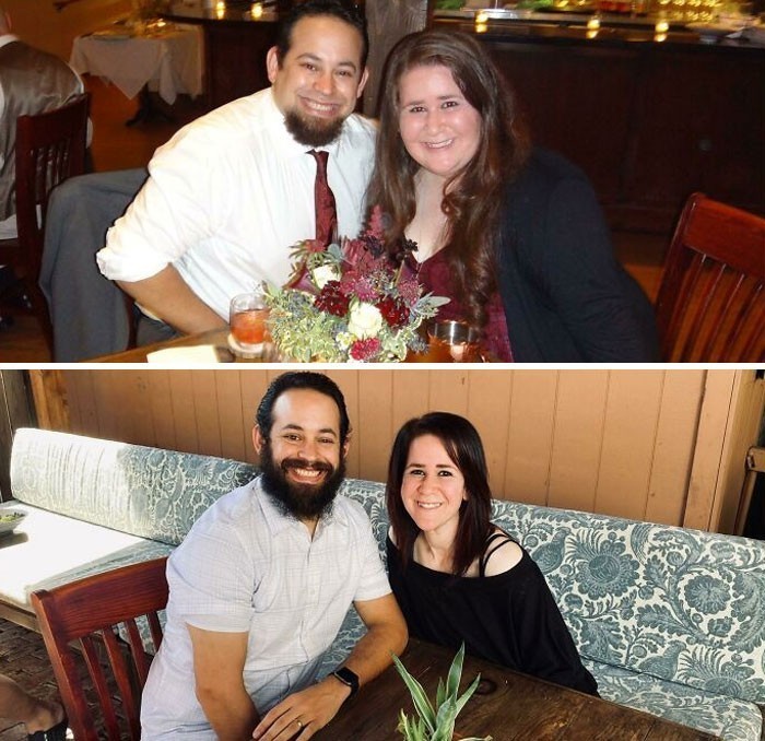 6. "Te zdjęcia zostały zrobione w tej samej restauracji w odstępie dwóch lat. Mąż zrzucił 40 kg, a ja 61."