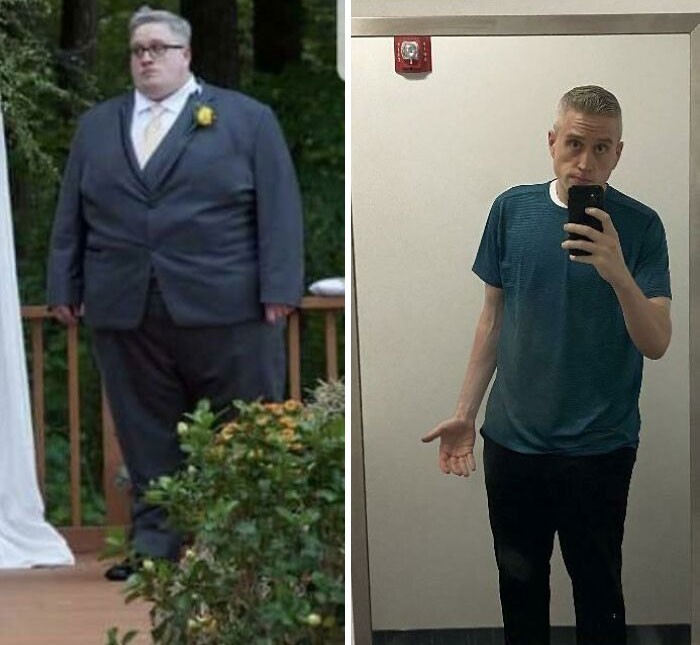 8. "Zdjęcie z lewej zostało zrobione 3 lata temu na ślubie mojego przyjaciela. Ważyłem blisko 275 kg. Dziś jest to niecałe 105."