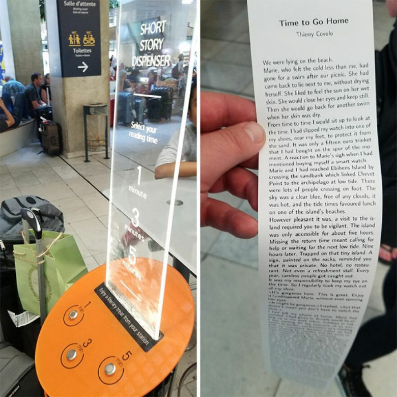 "Na tym lotnisku stoi maszyna drukująca darmowe krótkie opowiadania dla pasażerów czekających na lot."