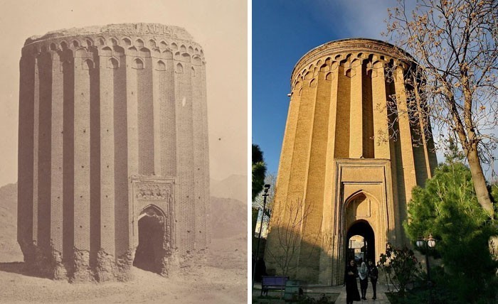 16. 1000-letnia wieża Toghrol w mieście Rej, Iran, 1840 vs obecnie