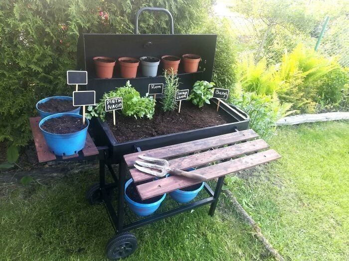 12. "Wykorzystałam stary grill do stworzenia małego ogródka z ziołami."