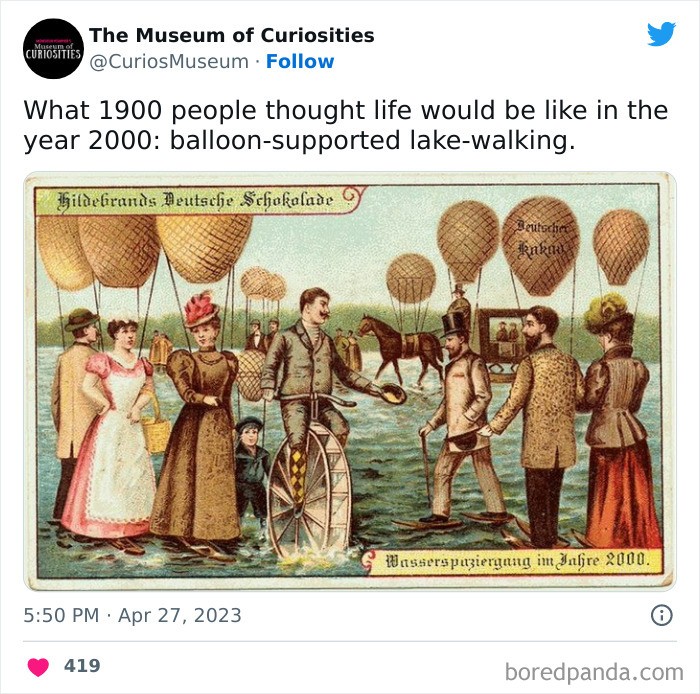 Tak ludzie z początku XX wieku wyobrażali sobie życie sto lat później - chodzenie po jeziorze przy wsparciu balonów."