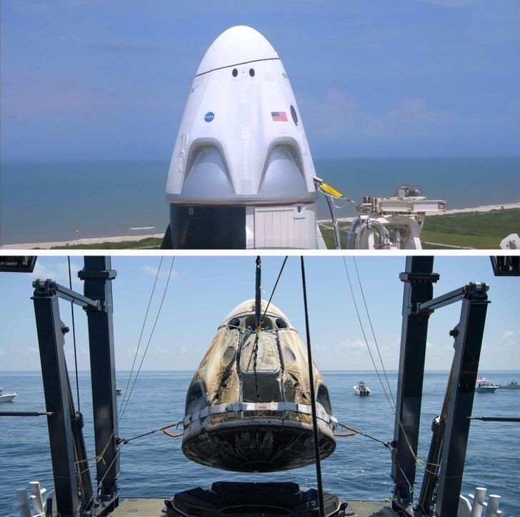 1. Statek kosmiczny SpaceX Dragon przed i po ukończeniu lotu