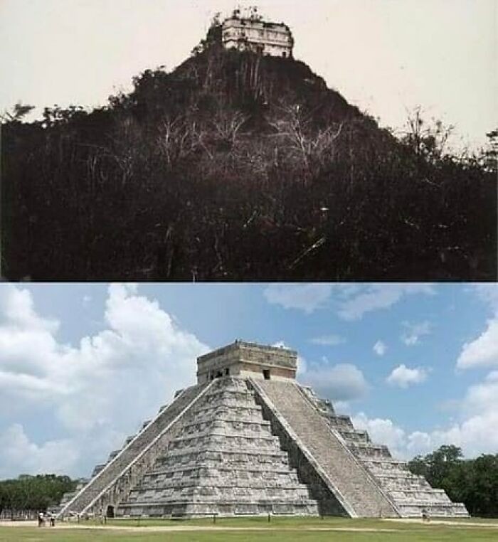 "Chichén Itzá w momencie odkrycia w 1892 roku vs. obecnie"