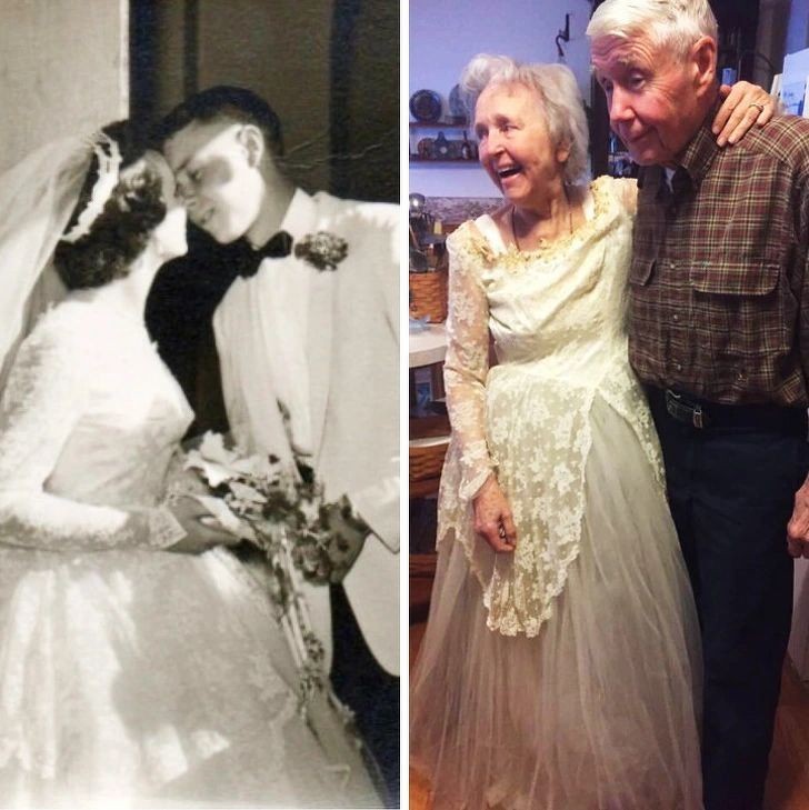 "63 lata później moja babcia wciąż mieści się w swoją suknię ślubną."