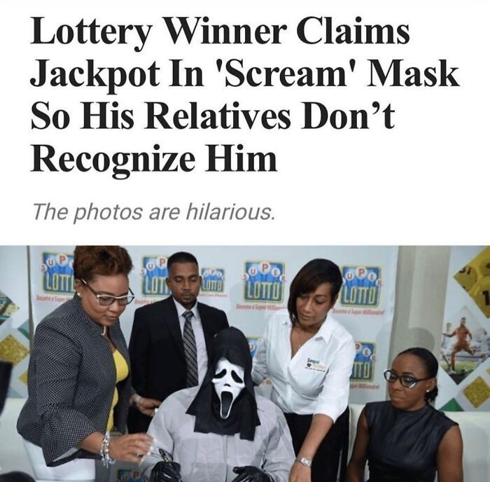 "Laureat loterii odbiera wygraną w masce z "Krzyku", by nie rozpoznali go krewni."