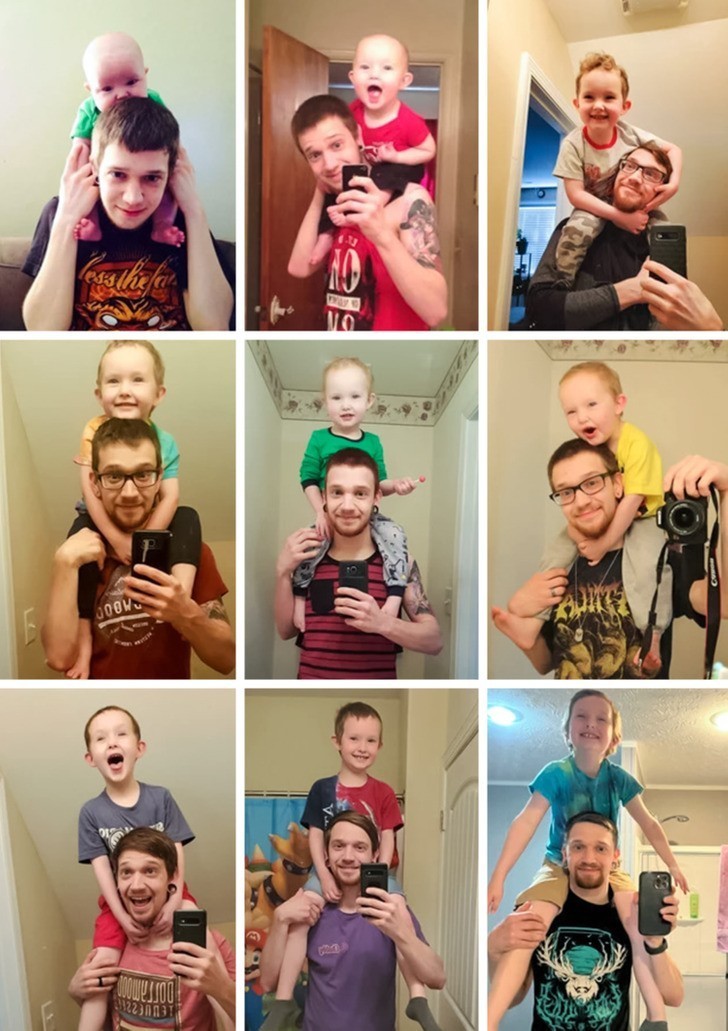 "Każdego roku robimy sobie zdjęcie z moim synem na ramionach."