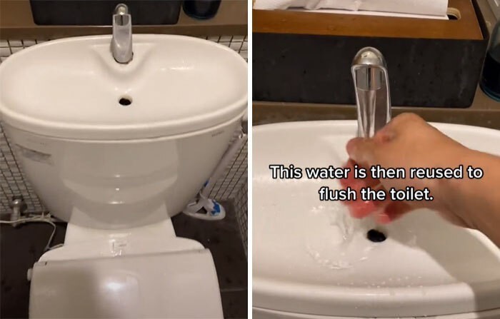 Toaleta z wbudowanym zlewem. To rozwiązanie pozwala oszczędzać wodę.