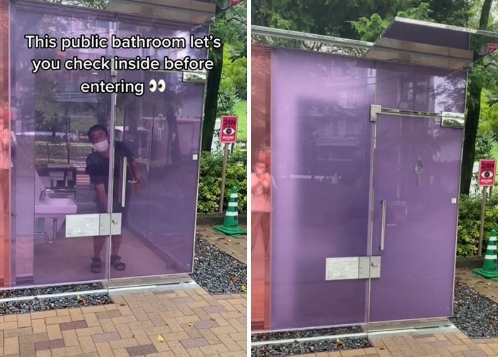 Ta publiczna toaleta pozwala ci zajrzeć do środka przed wejściem do wnętrza. Gdy kabina jest zajęta, szkło staje się nieprzejrzyste.