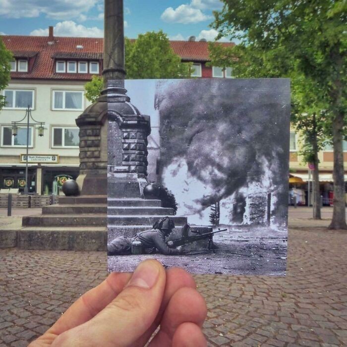 Rynek miejski w niemieckim mieście Uelzen podczas kampanii "przełamanie linii Zygfryda" w kwietniu 1945 i w 2021