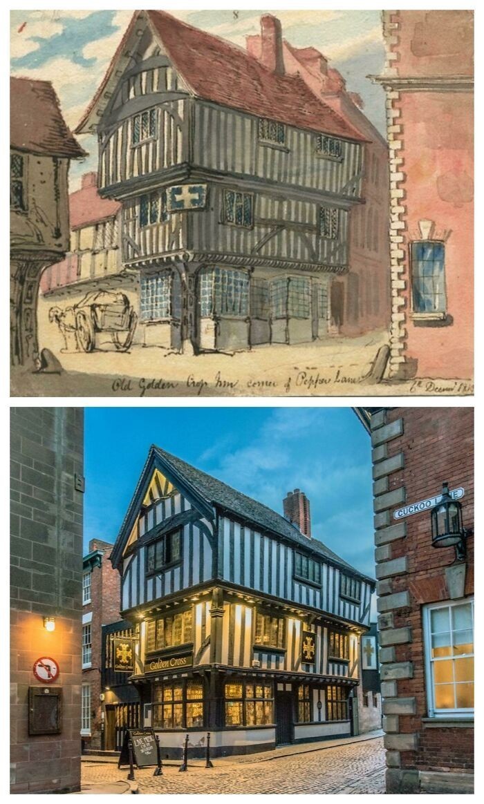 Tawerna The Golden Cross Inn, Coventry, 1819 vs obecnie