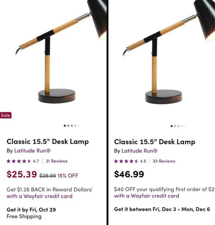"Lampa, którą planowałem kupić na Wayfair. 25 $ w zeszłym miesiącu, 47 $ na Black Friday."