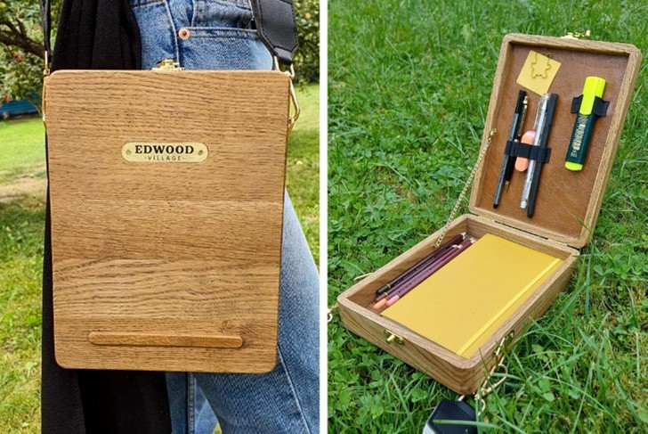 "Mój mąż zrobił dla mnie tę drewnianą torebkę, jako że zaczęłam częściej szkicować w terenie."