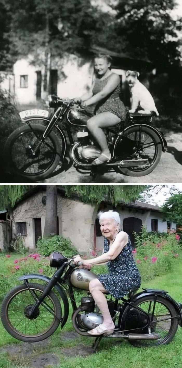 "Ten sam motocykl, ten sam dom, to samo drzewo i ta sama kobieta. Różnica 71 lat."