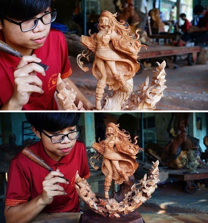 "To ja, rzeźbiący Nezuko w drewnie. Moja pierwsza żeńska postać."