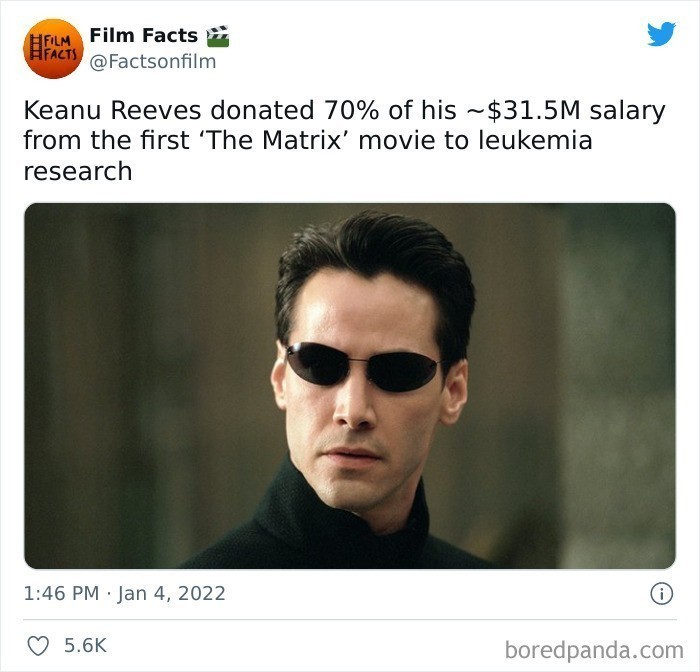 Keanu Reeves przeznaczył 70% swojego liczącego 31.5 miliona dolarów wynagrodzenia za pierwszego "Matrixa" na badania nad białaczką.