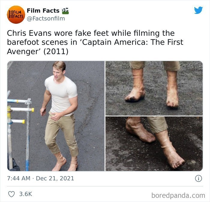 Chris Evans nosił sztuczne stopy podczas nagrywania scen na boso w "Captain America: Pierwsze starcie".