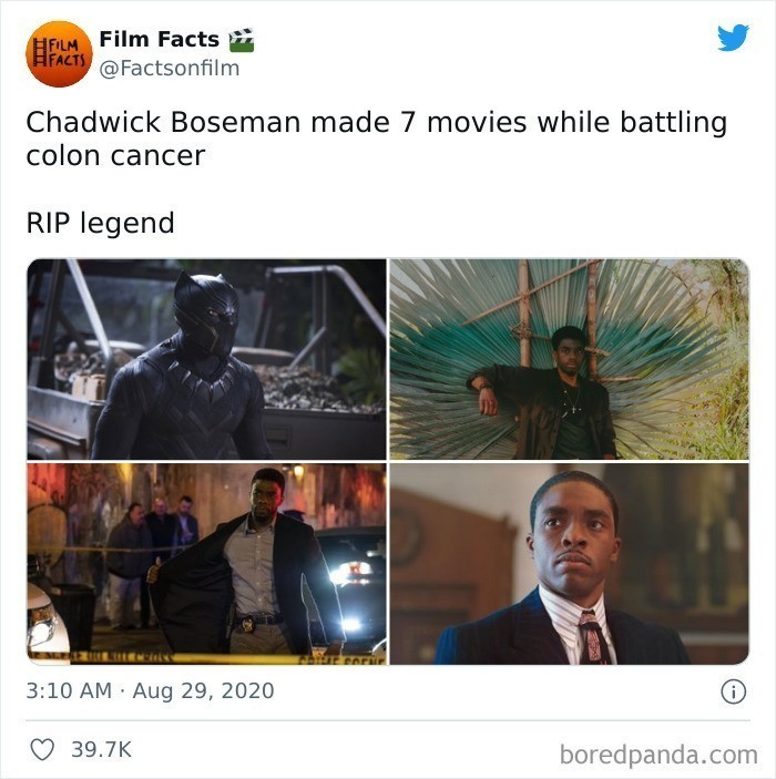 Chadwick Boseman wystąpił w siedmiu filmach walcząc z rakiem jelita.