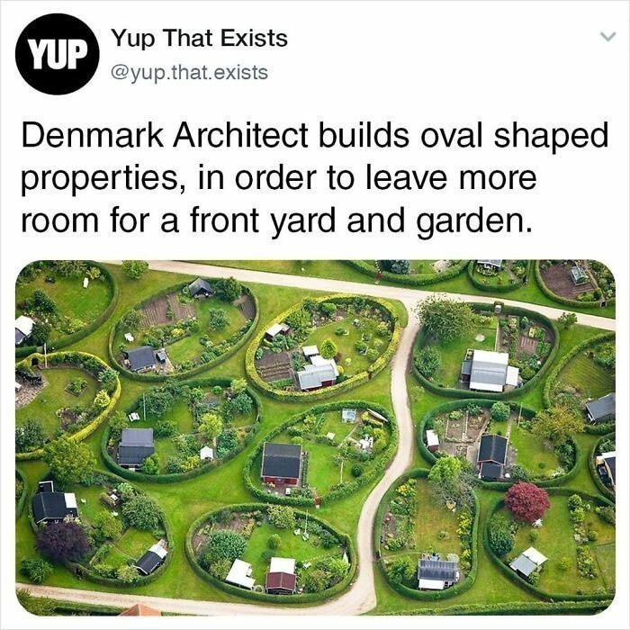 Duński architekt buduje posiadłości w owalnym kształcie, by zostawiać więcej miejsca na podwórko i ogród.