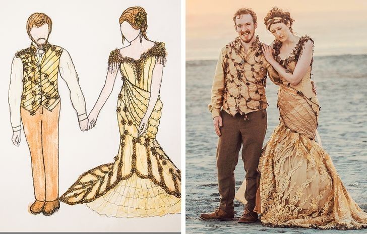 "Zaprojektowałam i wykonałam stroje ślubne dla siebie i męża. Uzgodniliśmy, że utrzymamy je w stylistyce leśnej."