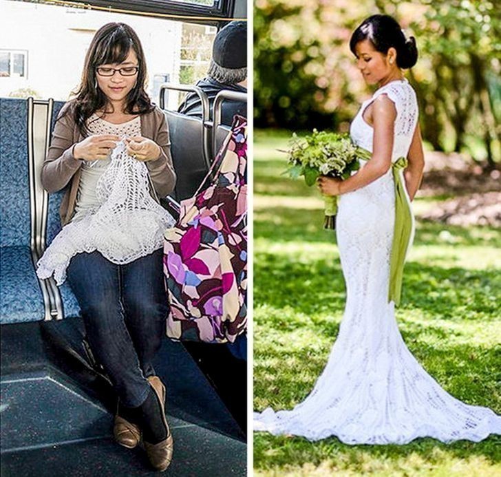 "Zrobiłam moją suknię ślubną podczas dojeżdżania autobusem do pracy. Zajęło mi to 5 miesięcy, a za materiały zapłaciłam niecałe $30."