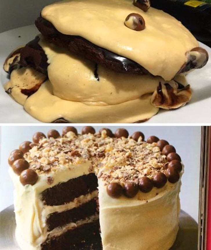 "Spróbowałam zrobić tort malt cake. Dolne zdjęcie pokazuje wzór. Na górnym jest moje podejście."