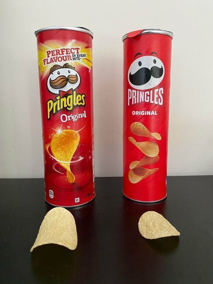 "Stare opakowanie Pringles (165g) vs nowe (134g)"