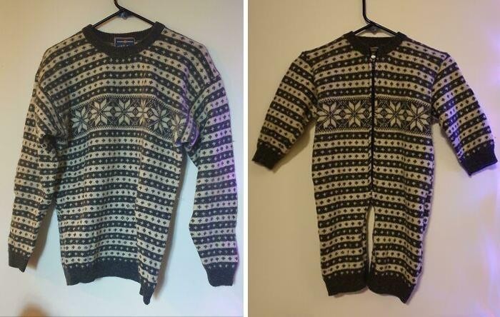 "Sweter, którego nie nosiłam od 1996 roku i zamek ze starej torby. Efekt? Nowe ubranko dla mojego dziecka."