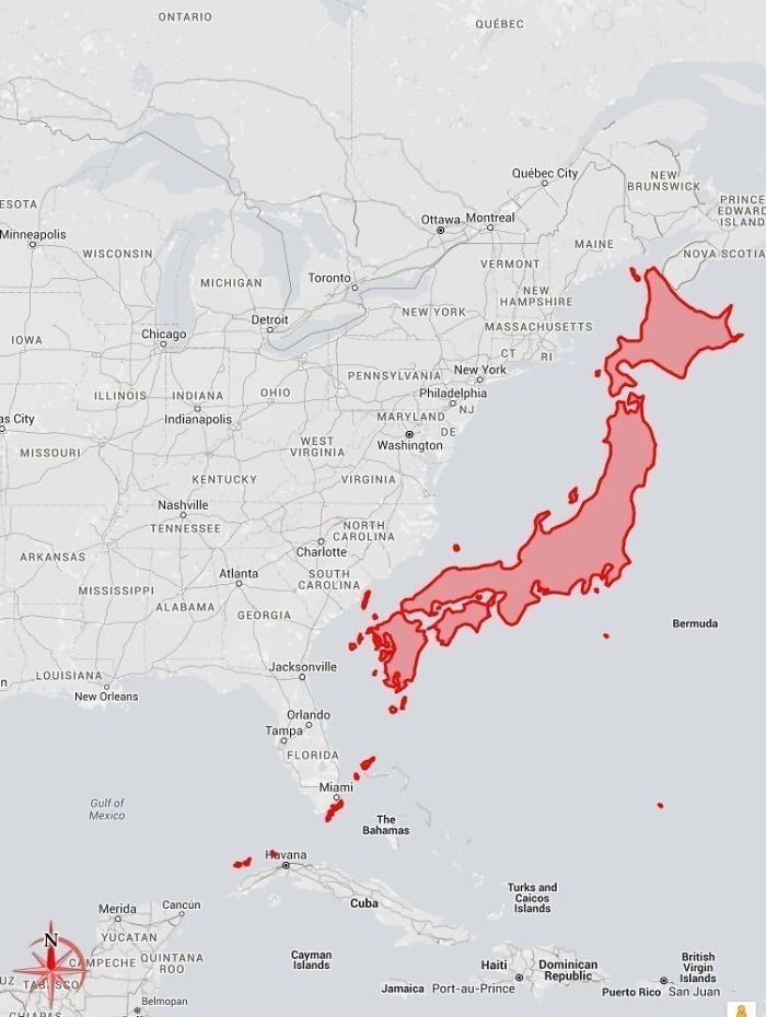 Rozmiar Japonii w porównaniu do fragmentu Stanów Zjednoczonych