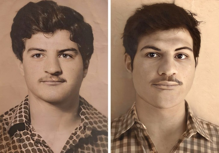 "Zdjęcie z paszportu mojego taty (wczesne lata 80.) i mój najmłodszy brat obecnie"