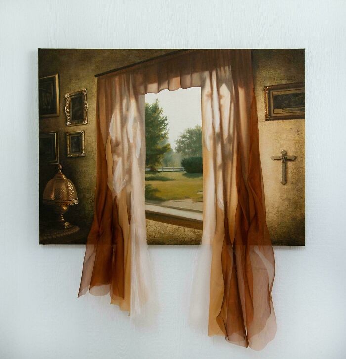 #7 My Latest Painting On Thrifted Fabric With Thrifted Pieces Sewn-In